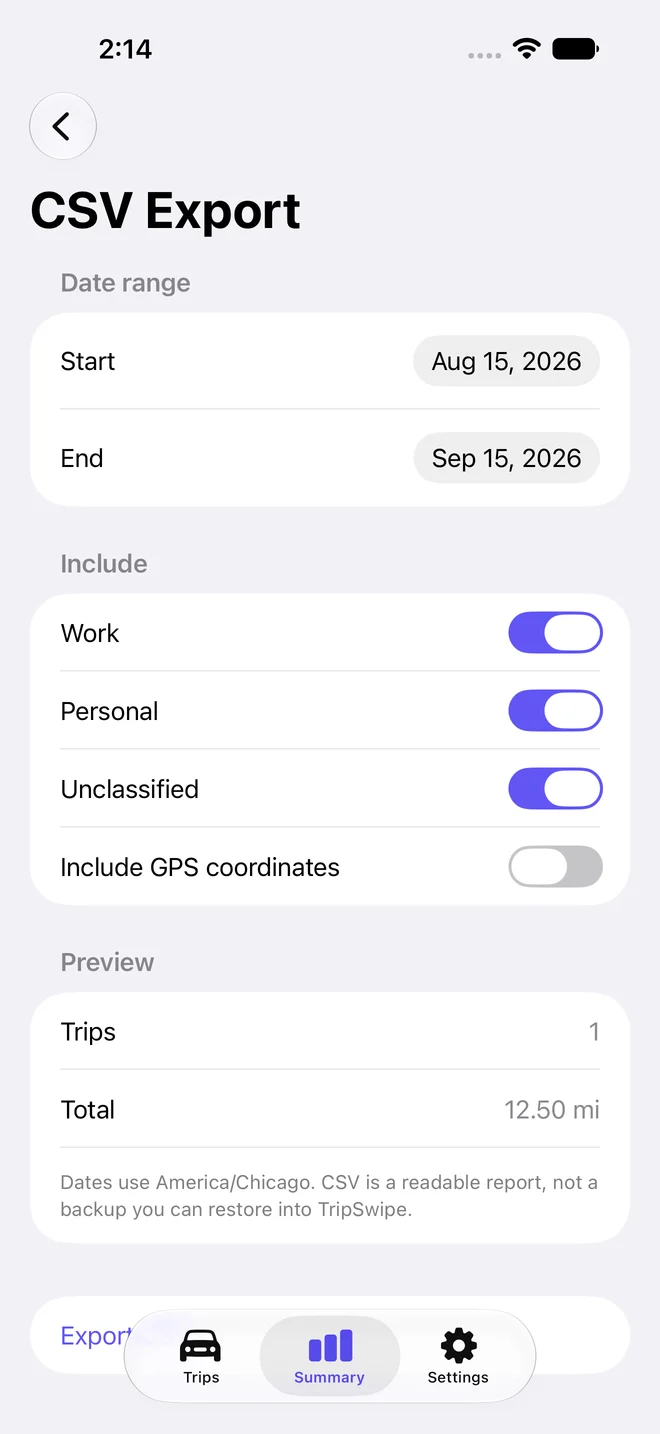 TripSwipe export options for a CSV mileage report