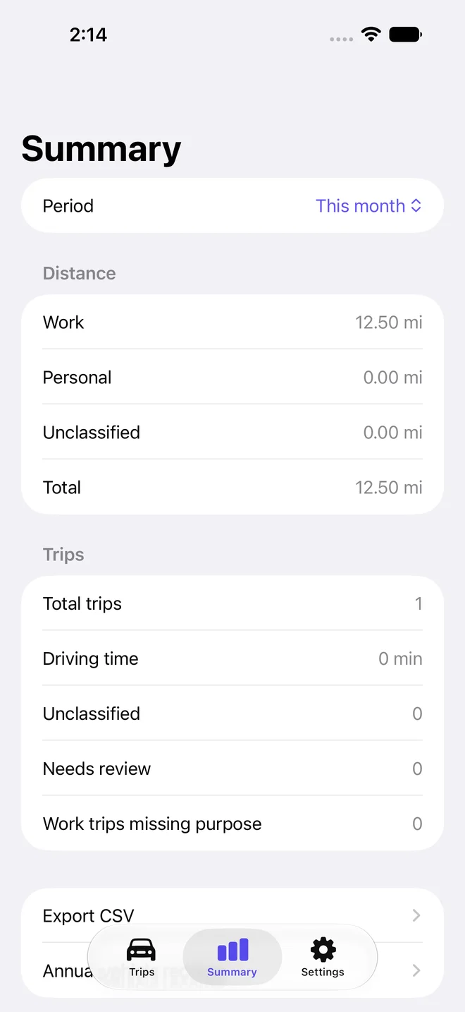 TripSwipe Summary screen with mileage totals for the example trip