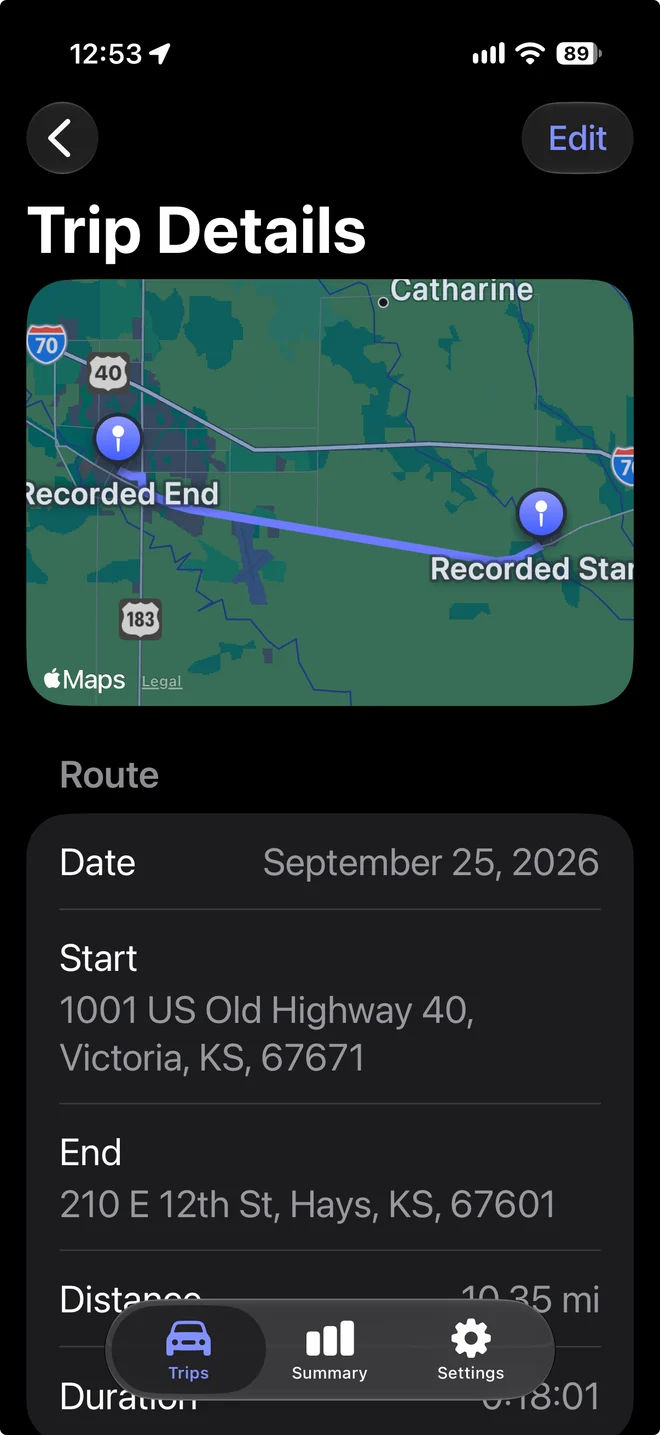 TripSwipe in dark mode showing a recorded trip map with start and end markers and route details