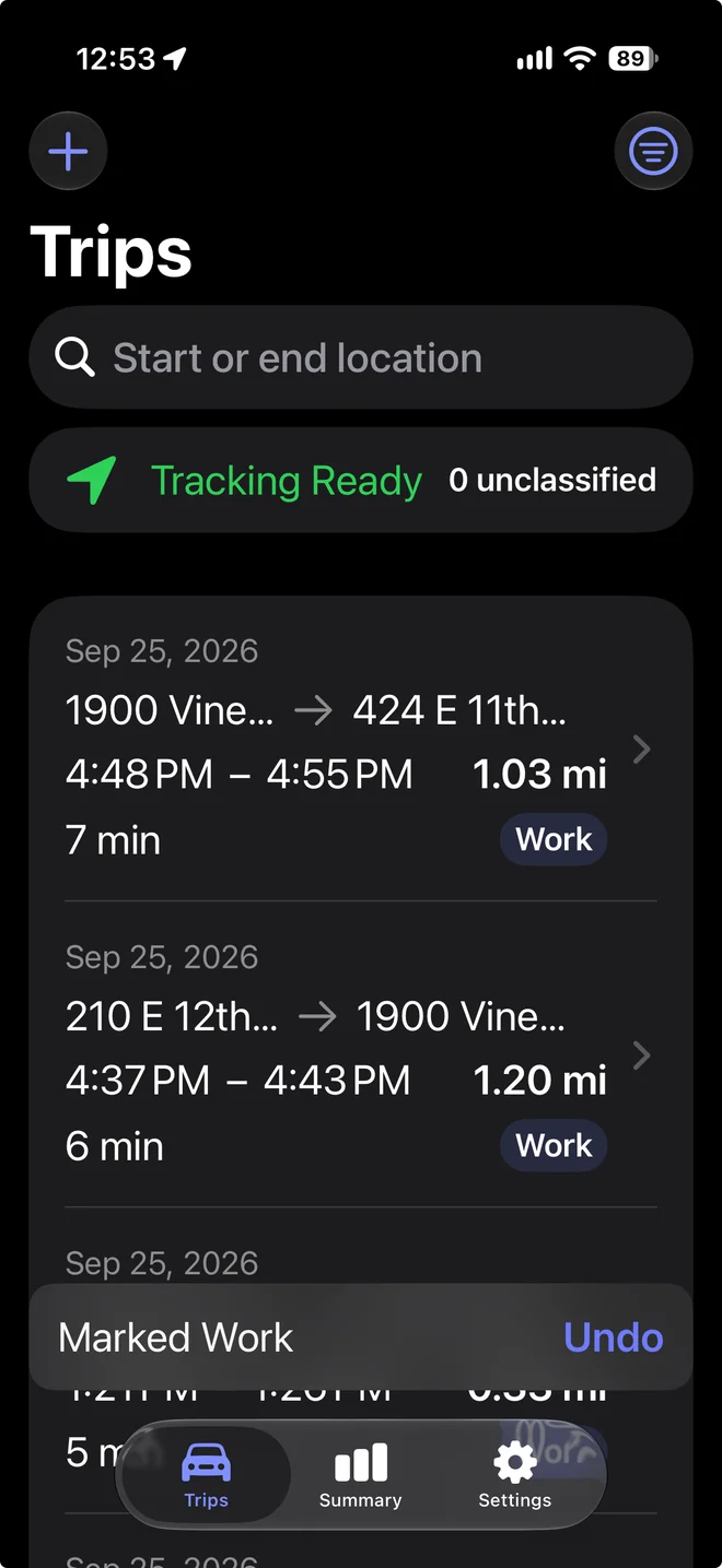 TripSwipe Trips screen in dark mode showing recorded drives classified as Work